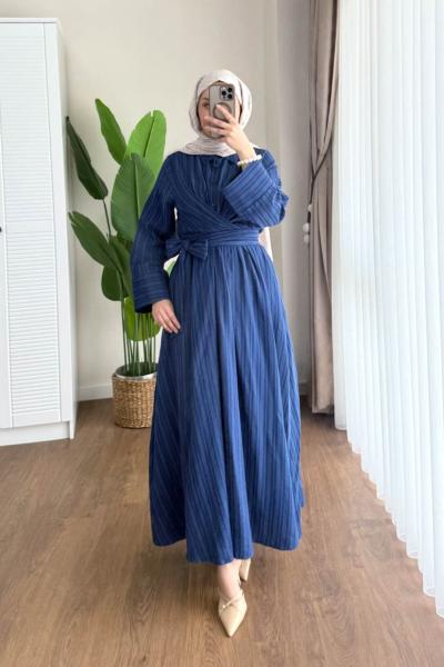 Kuşaklı Gofre Elbise  Lacivert