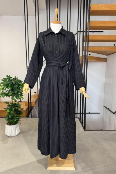 Kuşaklı Gofre Elbise  Siyah