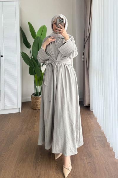 Kuşaklı Gofre Elbise  Açık Yeşil