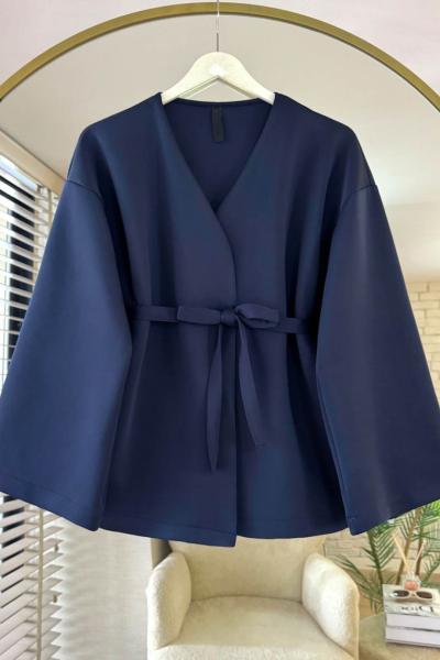 Kuşaklı Scuba Ceket Lacivert