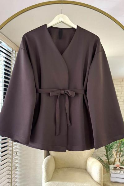 Kuşaklı Scuba Ceket Kahverengi