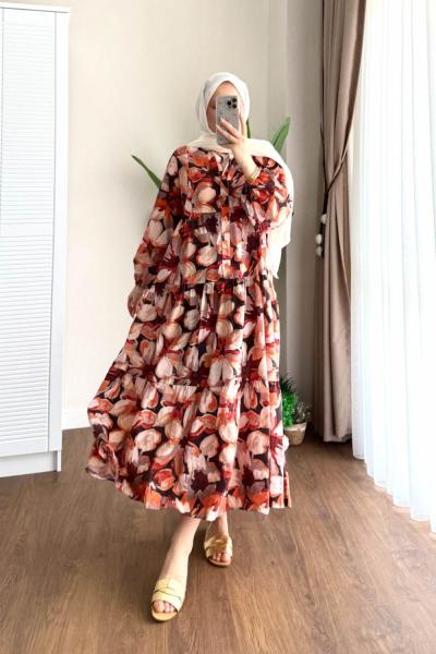 Lıne Desenli Modal Elbise Mercan