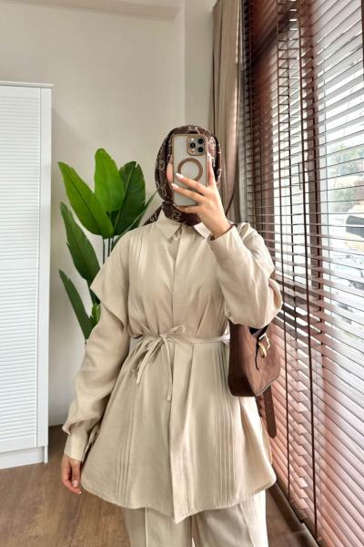 Nervürlü Modal Takım Bej