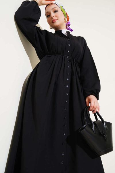 Nervürlü Kuşaklı Elbise Siyah