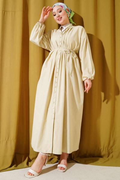 Nervürlü Kuşaklı Elbise Bej