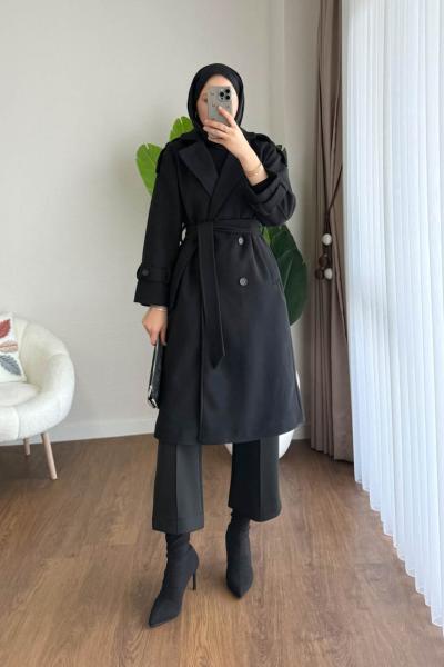 Omuz Apoletli Kaşe Kaban Siyah