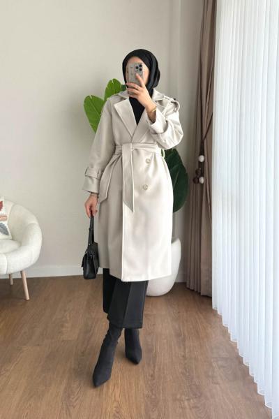 Omuz Apoletli Kaşe Kaban Krem