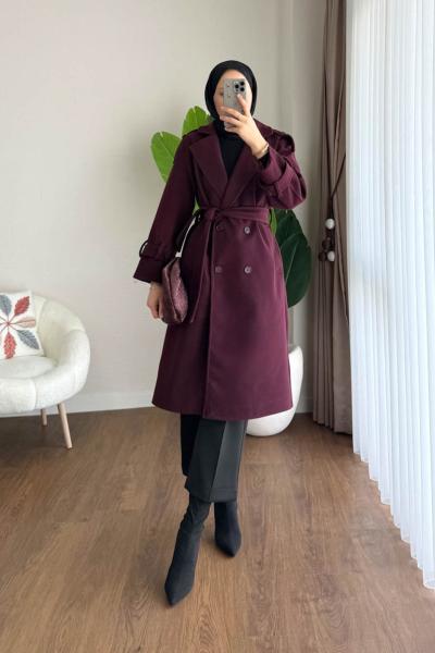 Omuz Apoletli Kaşe Kaban Bordo