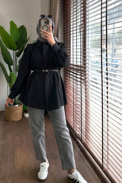 Omuz Volanlı  Gömlek  Siyah