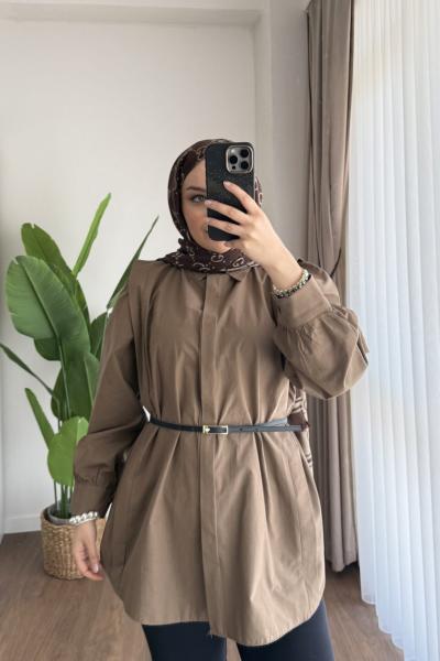 Omuz Volanlı Gömlek  Kahverengi