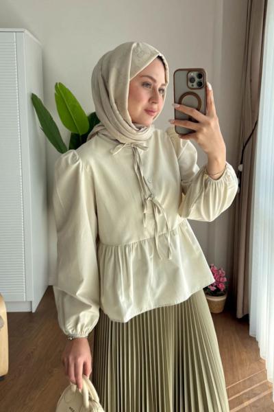 Önü Bağcıklı Kısa Gömlek  Bej