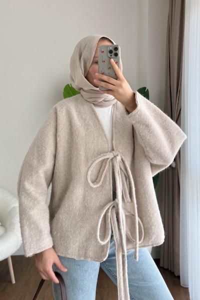 Önü Bağcıklı Kaşmir Ceket Bej