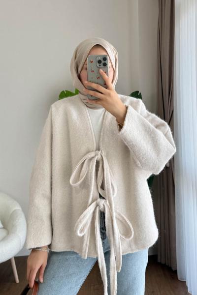 Önü Bağcıklı Kaşmir Ceket Krem