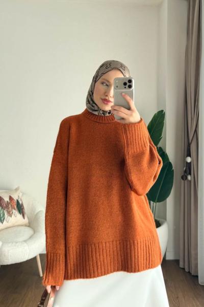 Oversize Bisiklet Yaka Kazak Turuncu