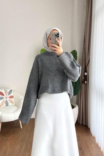 Oversize Bisiklet Yaka Kazak Antrasit