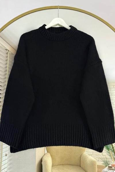 Oversize Bisiklet Yaka Kazak Siyah