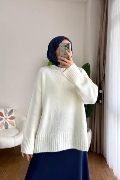 Oversize Bisiklet Yaka Kazak Krem