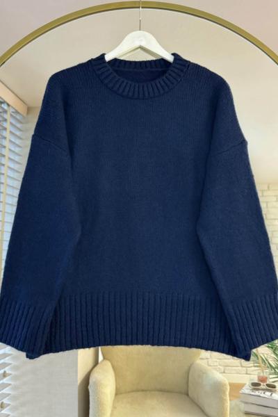 Oversize Bisiklet Yaka Kazak Lacivert