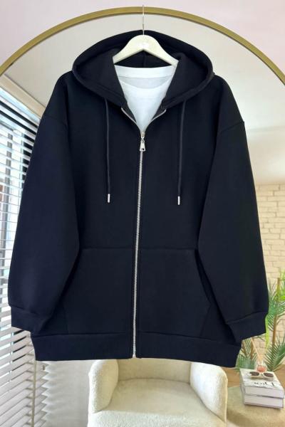 Oversize Fermuarlı Hırka Siyah