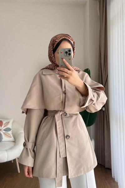 Pelerin Detaylı Ara Boy Trenç Krem