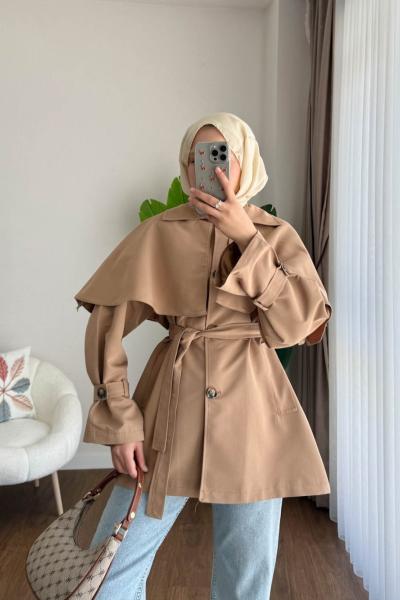 Pelerin Detaylı Ara Boy Trenç Bej