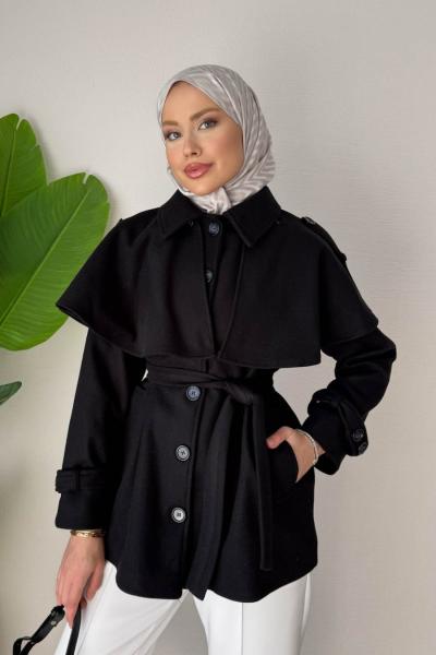 Pelerin Kaşe Kaban  Siyah