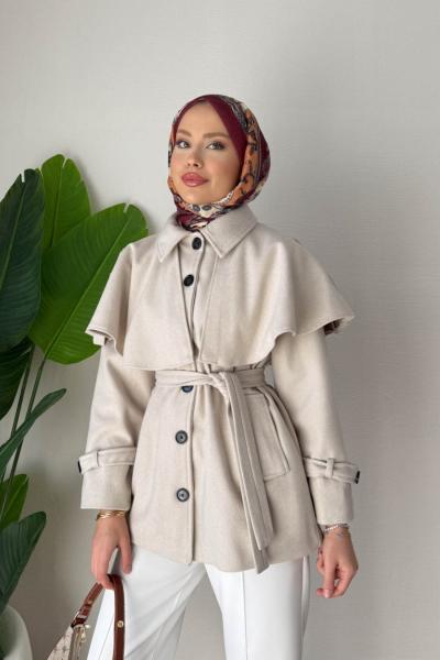 Pelerin Kaşe Kaban  Bej