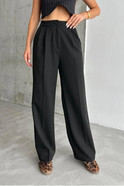 Pileli Palazzo Kumaş Pantolon Siyah