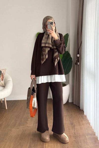 Piliseli Modal İkili Takım Kahverengi