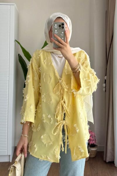 Püsküllü Keten Kimono  Sarı