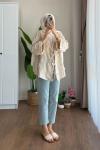 Püsküllü Keten Kimono  Bej