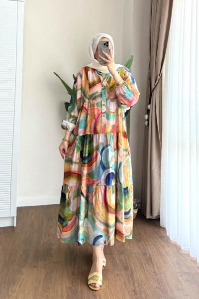 Rengarenk Desenli Modal Elbise Krem