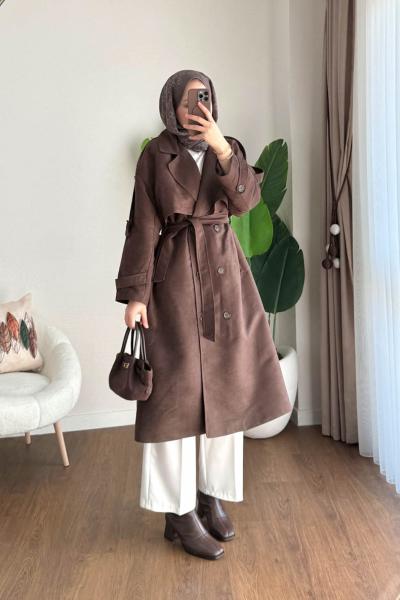 Rüzagarlıklı Süet Kaban Kahverengi