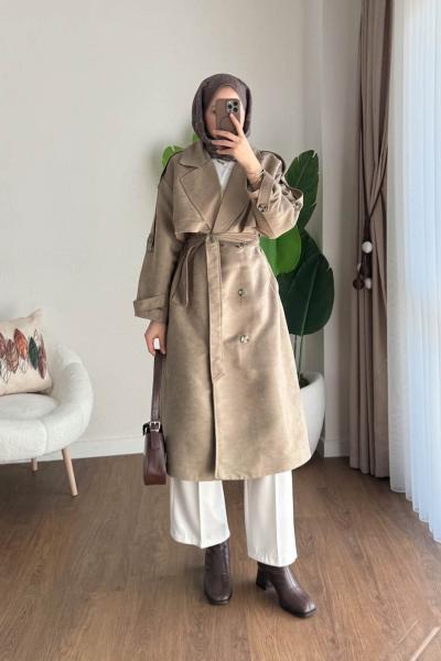 Rüzagarlıklı Süet Kaban Haki