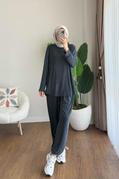 Şalvarlı Pantolonlu Süprem Takım Füme