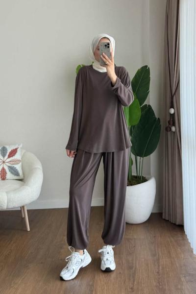 Şalvarlı Pantolonlu Süprem Takım Kahverengi