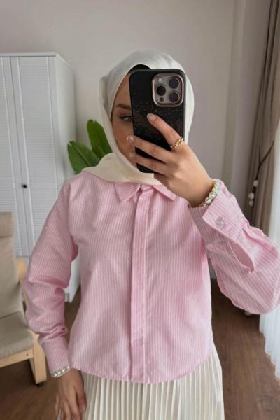 Shine Taşlı Gömlek  Pembe