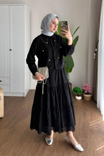 Taş İşlemeli Brode Takım Siyah
