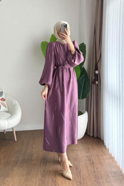 Taşlı Saten Elbise  Gül Kurusu