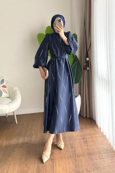 Taşlı Saten Elbise  Lacivert