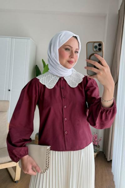 Taşlı Yaka Gömlek  Bordo