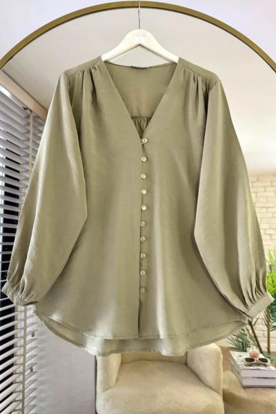 V Yaka Modal Gömlek  Küf Yeşili