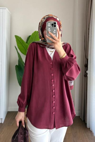 V Yaka Modal Gömlek  Bordo