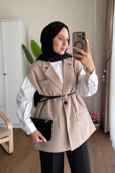 Vatkalı Oversize Yelek Bej