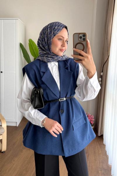 Vatkalı Oversize Yelek Lacivert