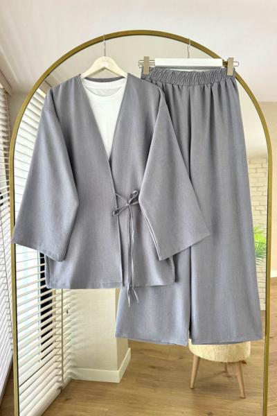 Vegas Kimono Keten Takım  Gri
