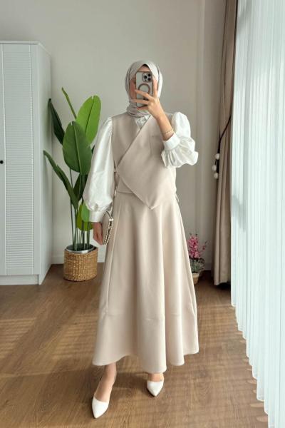 Vest Etekli Takım  Bej