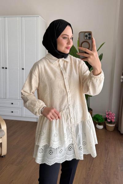 Volanlı Brode Tunik Ekru