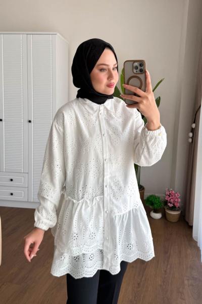Volanlı Brode Tunik Beyaz
