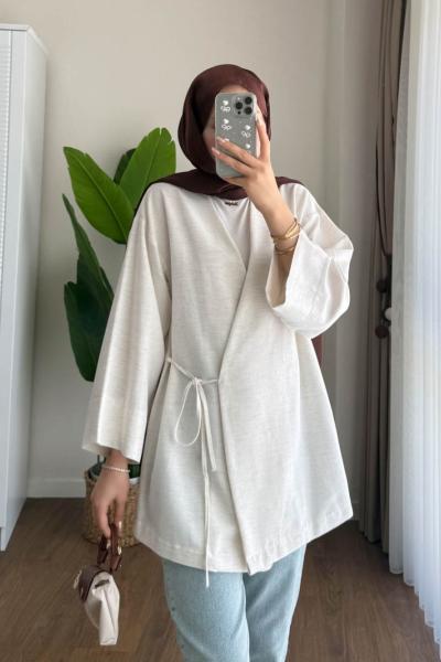 Yan Bağlamalı Kimono Bej